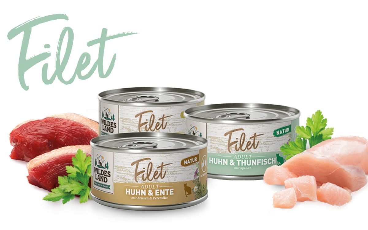 Dosen Katzenfutter Filet von Wildes Land in verschiedenen Sorten, begleitet von frischen Zutaten wie Fleisch und Kräutern. Katzenfutter Filet ohne Getreide, extra fein und mit hoher Akzeptanz.