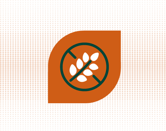 Orange leaf-shaped icon featuring a crossed-out grain symbol inside a circle, representing grain-free or gluten-free content.