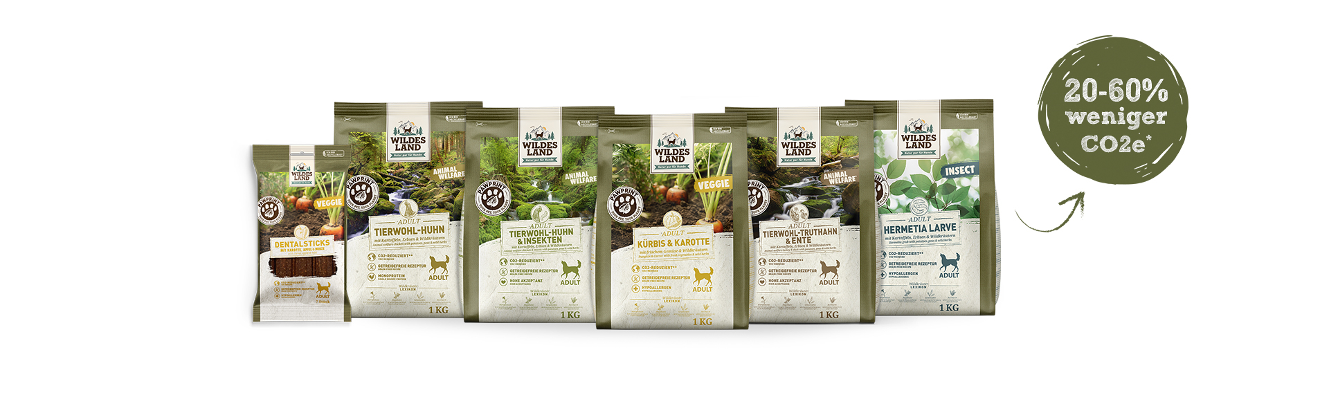 Darstellung aller 6 PawPrint Produkte mit der Information 20-60% weinger CO2e*