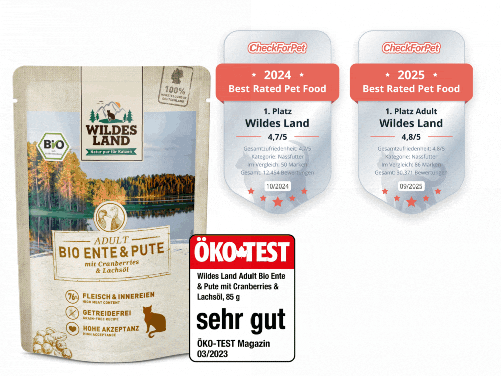 Auswahl an Katzenfutter nass für Katzen von Wildes Land, ausgezeichnet als Testsieger und „Best Rated Pet Food 2024 & 2025“ von CheckForPet.