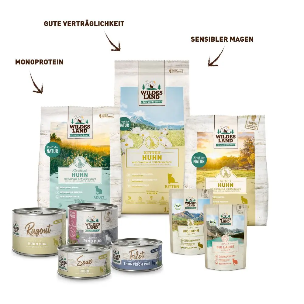 Eine Auswahl an „Wildes Land“-Produkten mit Monoprotein Katzenfutter, bestehend aus Trockenfutter und Nassfutter in Dosen und Pouches. Die Verpackungen heben Eigenschaften wie gute Verträglichkeit und Ernährung für sensible Mägen hervor.