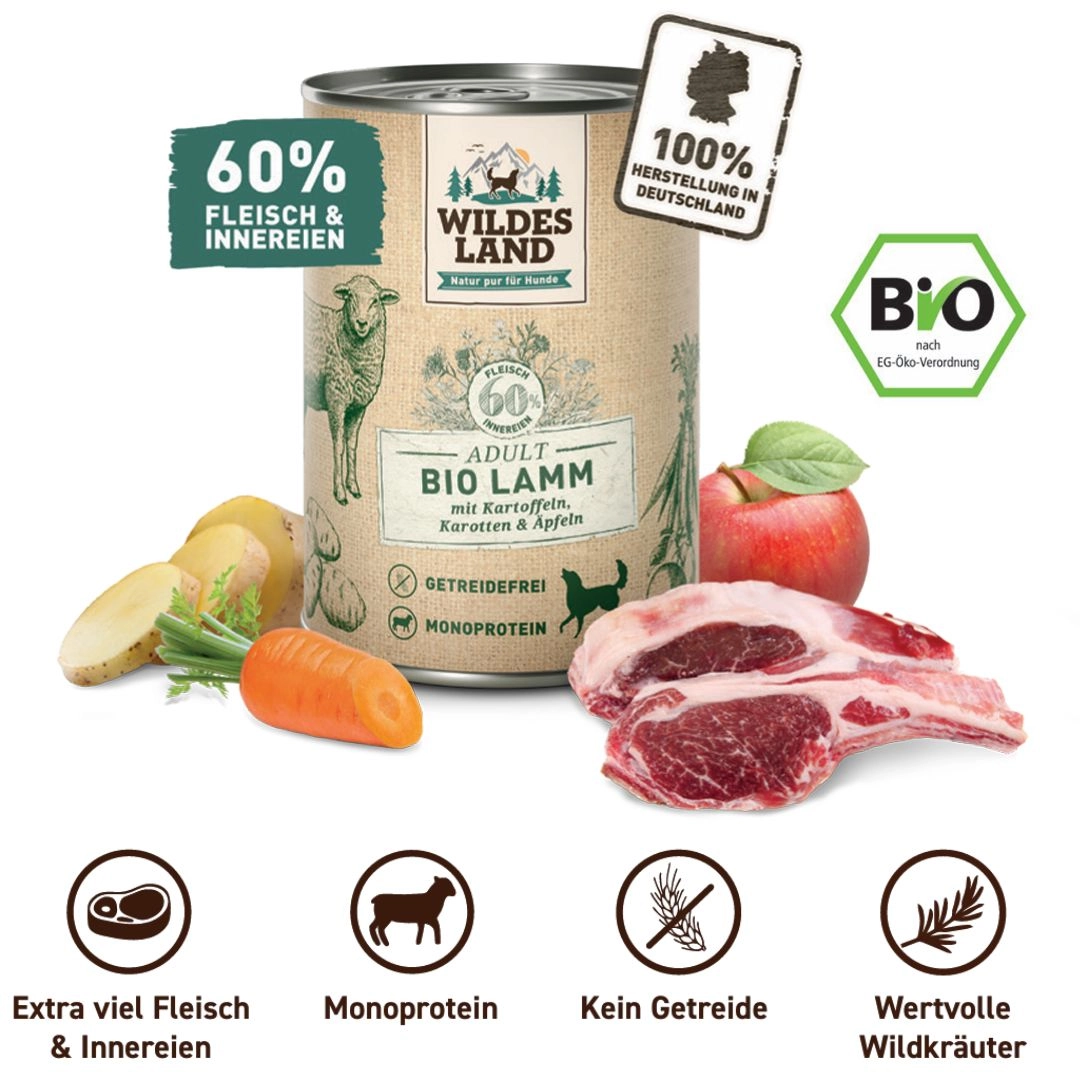 Eine Dose Bio Nassfutter für Hunde Lamm: Extra viel Fleisch & Innerein, Monoprotein, Kein Getreide, Wertvolle Wildkräuter, 60% Flesich & Innerein, 100% Herstellung in Deutschland; Bio