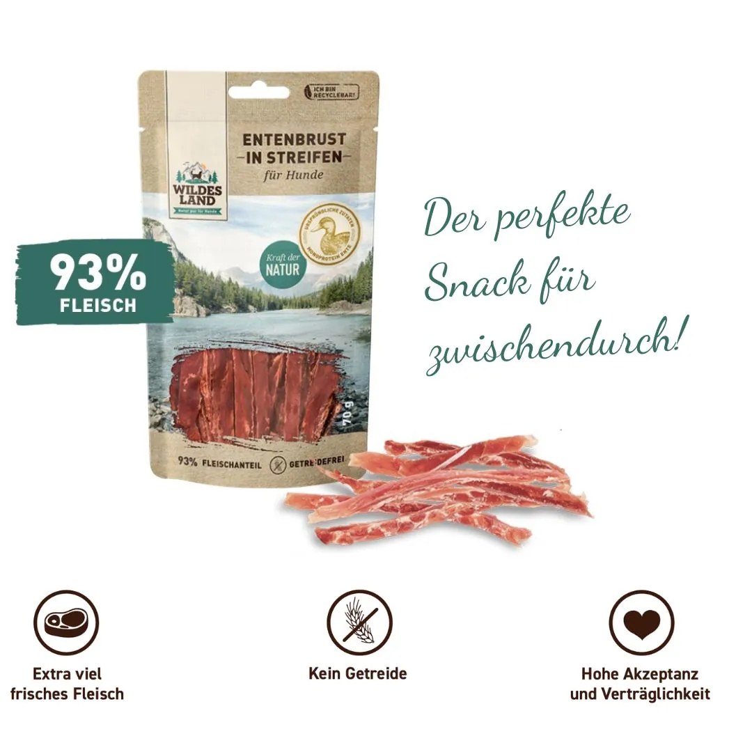 Eine Tüte Fleischsnacks Ente von Wildes Land: Der perfekte Snack für zwischendurch! 93% Fleisch!
