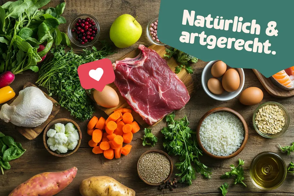 Vielfalt an frischen, natürlichen Zutaten wie Fleisch, Gemüse, Obst und Kräuter auf einem Holztisch, mit dem Slogan ‚Natürlich & artgerecht‘ im Hintergrund.