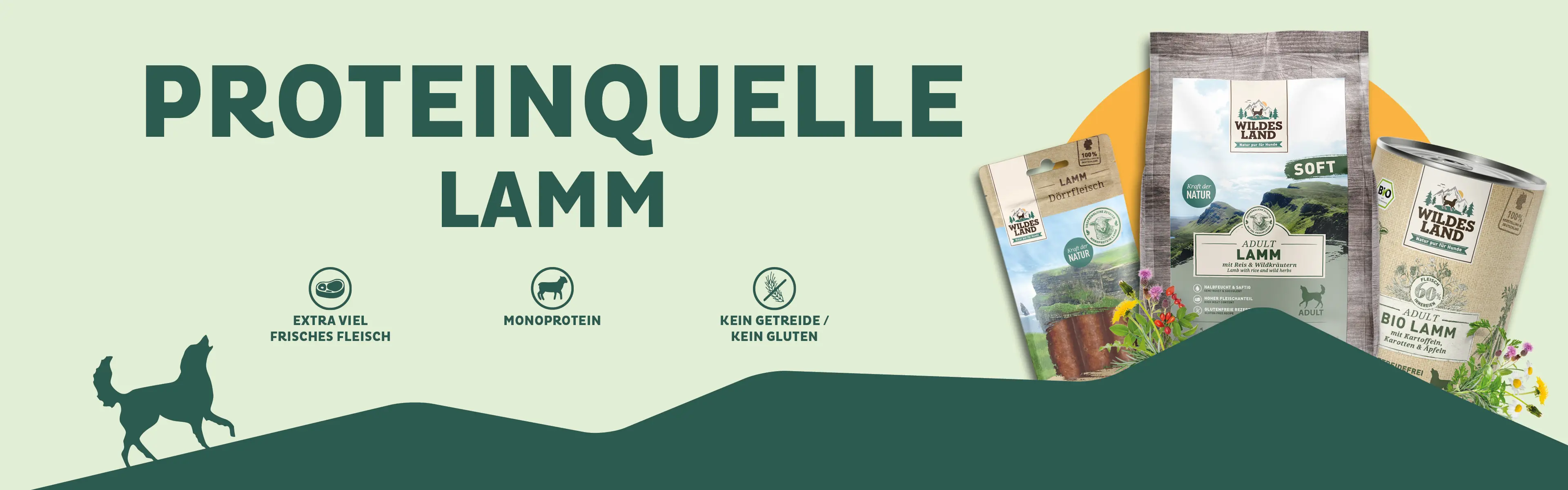 Eine Auswahl an „Wildes Land“-Produkten zeigt getreidefreies Hundefutter Lamm, darunter Trockenfutter, Nassfutter, Softfutter und Snacks. Die Produkte sind Monoprotein, haben einen hohen Fleischanteil und sind ideal für empfindliche Hunde.