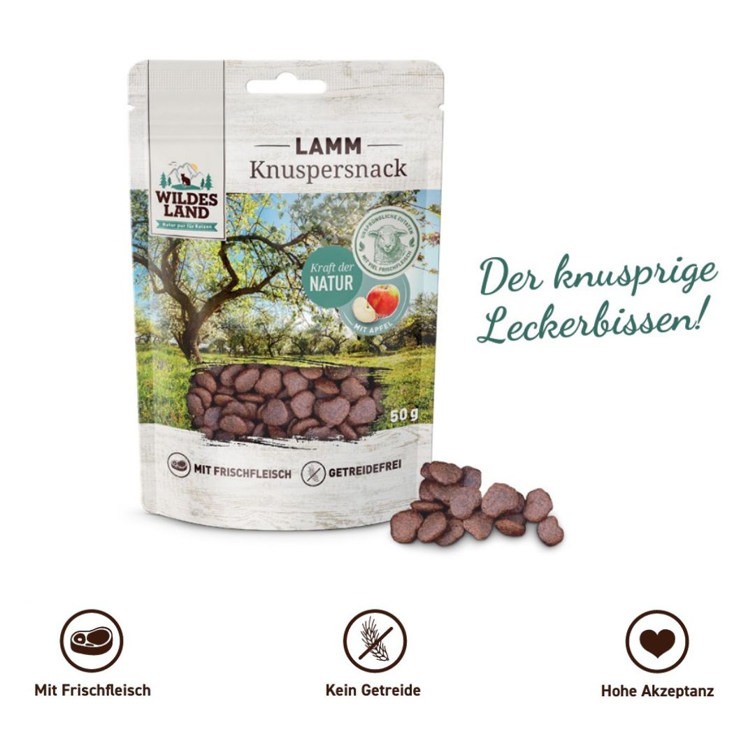 Eine Tüte Knuspersnacks Lamm von Wildes Land für Katzen: Der knusprige Leckerbissen