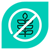 A turquoise circular icon featuring a black line drawing of a wheat symbol in the centre, crossed out by a diagonal line, indicating a "grain-free" attribute.