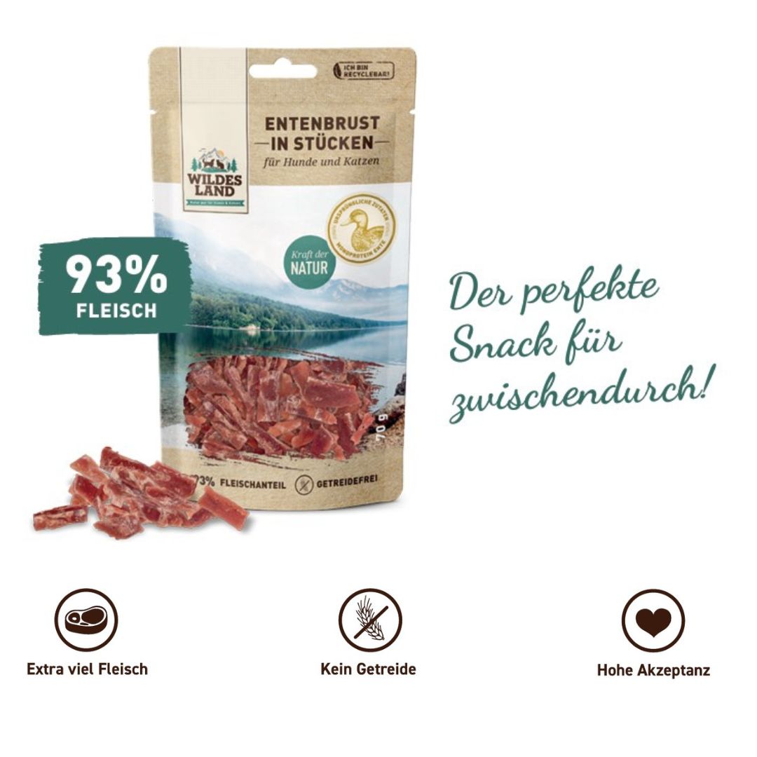 Eine Tüte Fleischsnacks Ente von Wildes Land: Der perfekte Snack für zwischendurch! 93% Fleisch!