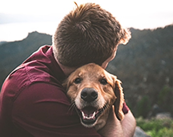 A person hugs a happy golden retriever outdoors, with mountains and trees in the background during daylight.