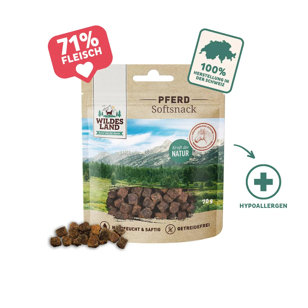 Wildes Land Softsnacks für Hunde:Der ideale Snack für das Training! Mit 71% Fleisch und hergestellt zu 100% in der Schweiz.