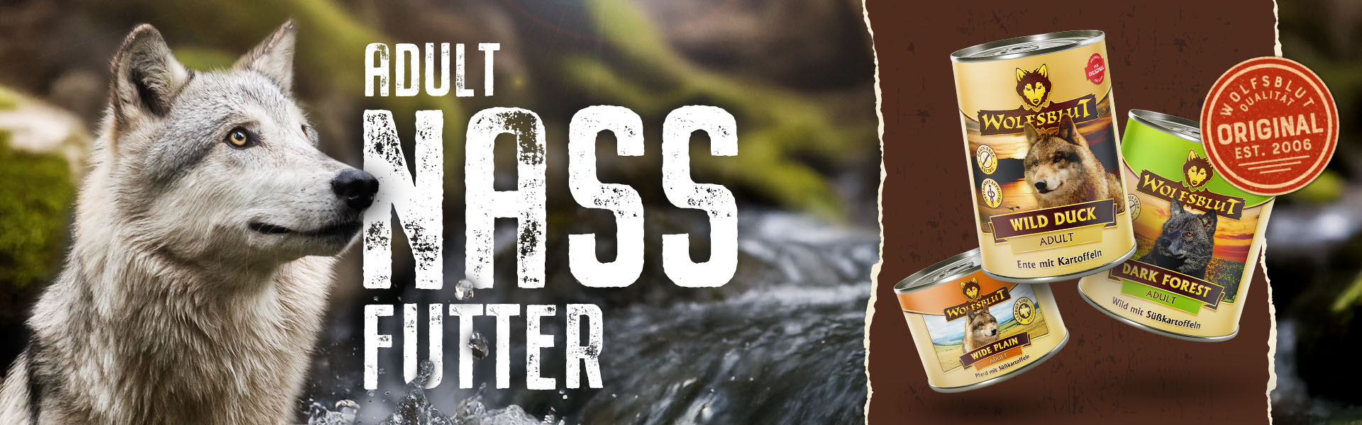 Nassfutter für Hunde mit einem Wolf in der Natur