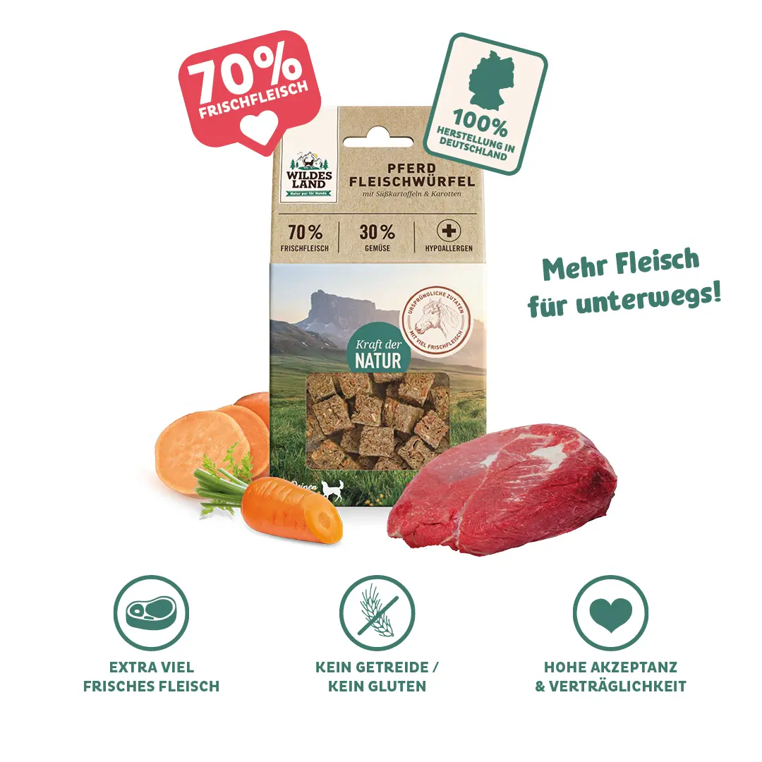 Eine Tüte Fleischwürfel Pferd von Wildes Land: Mehr Fleisch für unterwegs! 70% Fleisch und 100% hergestellt in Deutschland!