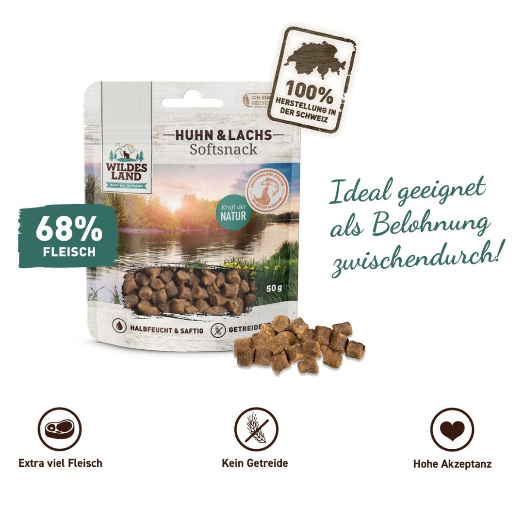 Eine Tüte Fleischsnacks Huhn & Lachs von Wildes Land für Katzen: Ideal geeignet als Belohnung zwischendurch, 68% Fleisch, 100% Herstellung in der Schweiz