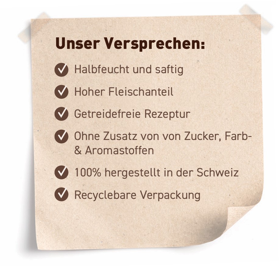 Unser Versprechen: Halbfreucht und saftig, Hoher Fleischanteil, Getreidefreie Rezeptur, Hohe Akzeptanz, Ohne Zusatz von Zucker-, Farb-, Aroma- & Konservierungsstoffen, 100% hergestellt in der Schweiz, Recyclebare Verpackung