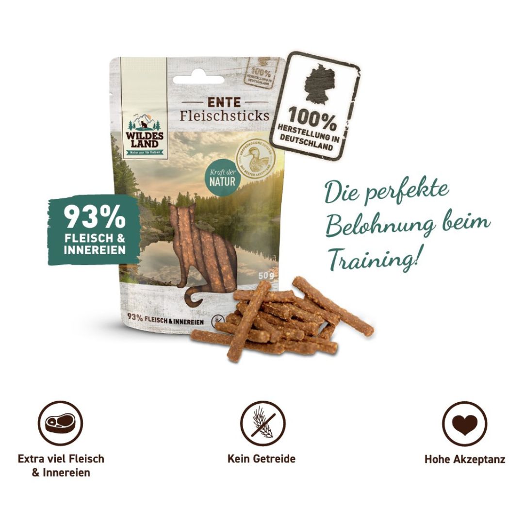 Eine Tüte Fleischsnacks Ente von Wildes Land: Die perfekte Belohnung beim Training! Hergestellt in Deutschland mit 93% Fleisch und Innerein.