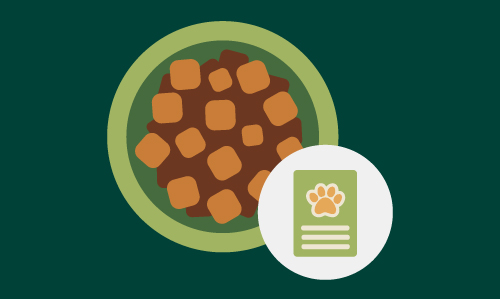 Illustration of a bowl filled with chunks of pet food, accompanied by an icon featuring a document with a paw print on it, symbolising pet food information or labelling.