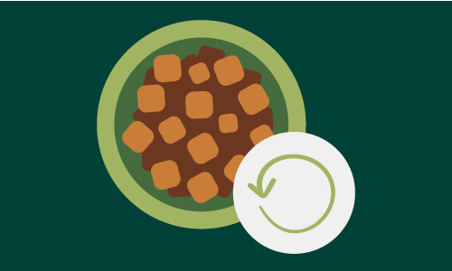 Illustration of a green bowl filled with cubed pet food in brown and orange tones. A circular icon with a green arrow forming a loop overlaps the bottom right corner, suggesting freshness or sustainability. The background is dark green.