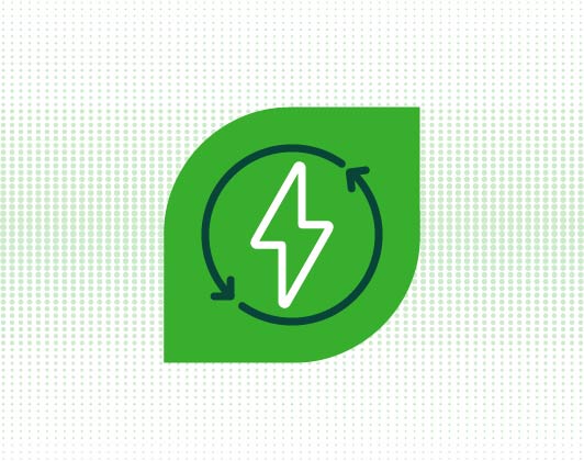 Green leaf-shaped icon featuring a lightning bolt surrounded by circular arrows, symbolising energy, vitality, or metabolism support.