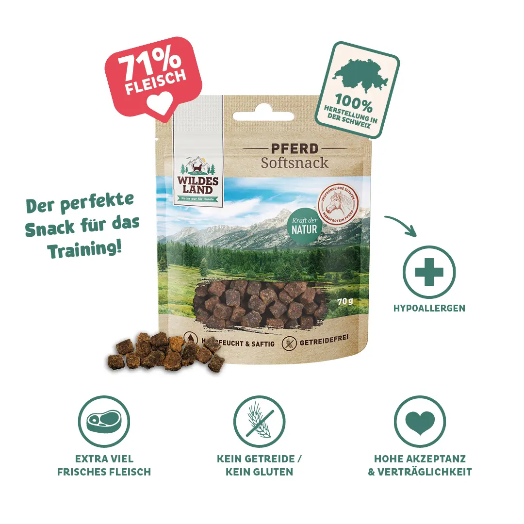 Eine Tüte Softsnacks Pferd von Wildes Land: Der perfekte Snack für das Training! 71% Fleisch!
