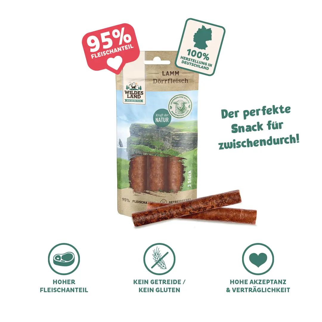 Eine Tüte Dörrfleisch Lamm von Wildes Land: Der perfekte Snack für zwischendurch! 95% Fleisch! 100% hergestellt in Deutschland!
