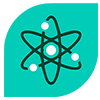 A turquoise square icon featuring a stylised atom symbol with a central nucleus and orbiting particles, representing science-based or advanced formulations.