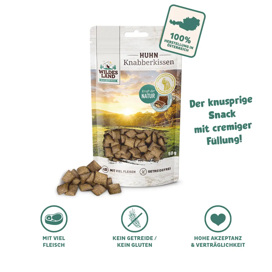 Eine Tüte Knabberkissen Huhn von Wildes Land: Der knusprige Snack mit cremiger Füllung, 100% hergestellt in Österreich!