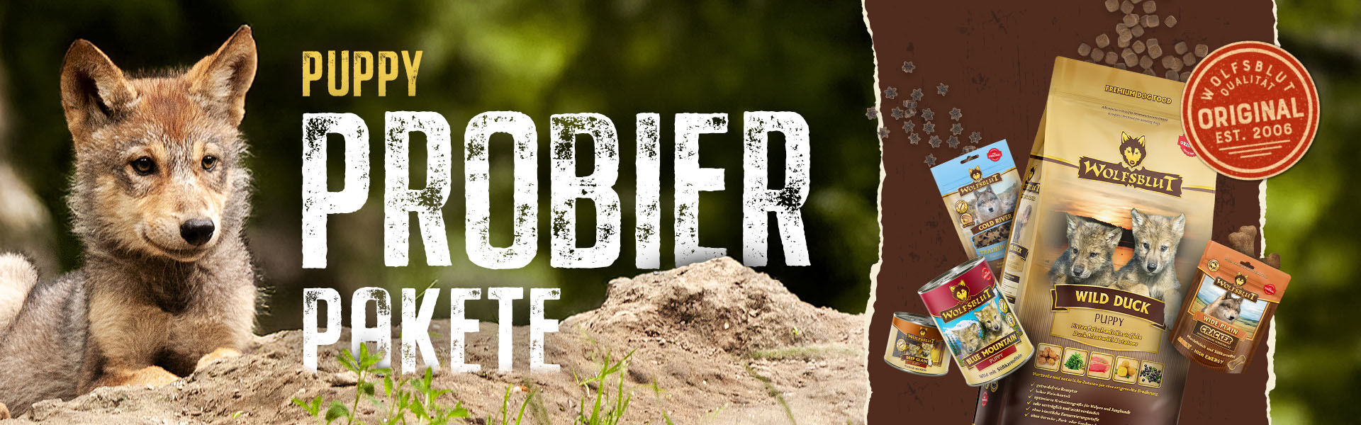 Wolfsjunge sitzt auf einem Stein und schaut nach rechts auf das Probierpaket-Sortiment von Wolfsblut. In der Mitte befindet sich ein Text auf dem "Puppy Probierpakete" steht