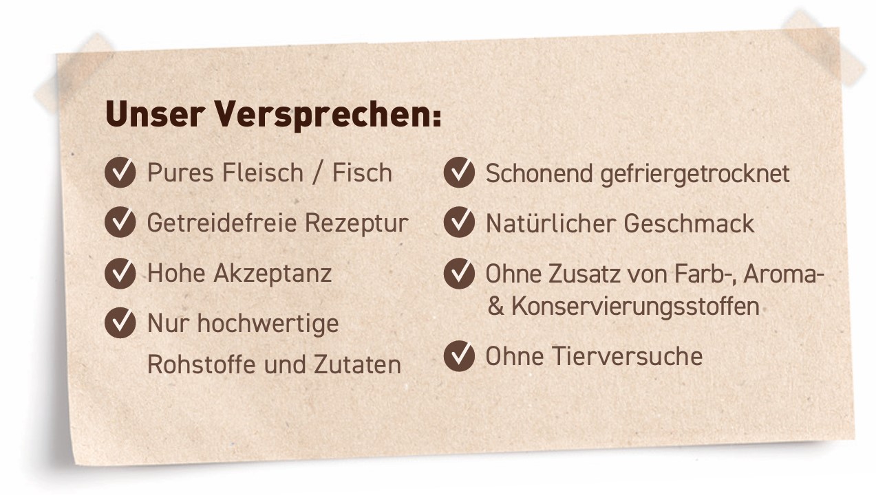 Unser Versprechen: Pures Fleisch / Fisch, Getreidefreie Rezeptur, Hohe Akzeptanz, Nur hochwertige Rohstoffe und Zutaten, Schonend gefriergetrocknet, Natürlicher Geschmack, Ohne Zusatz von Farb-, Aroma- & Konservierungsstoffen, Ohne Tierversuche