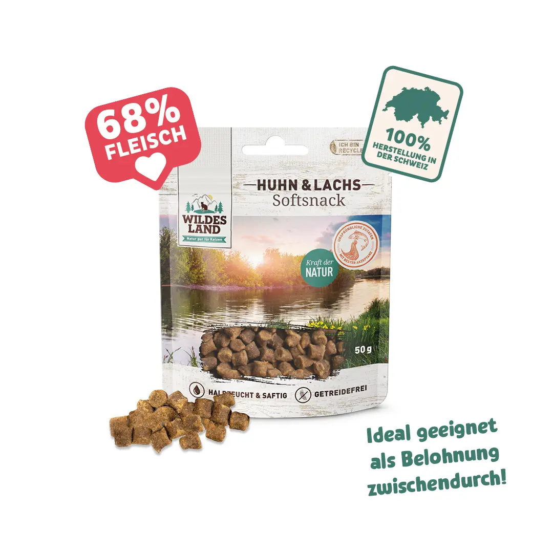 Wildes Land Softsnacks für Katzen: Ideal geeignet als Belohnung zwischendurch, 100% hergestllt in der Schweiz, aus 68% Fleisch!