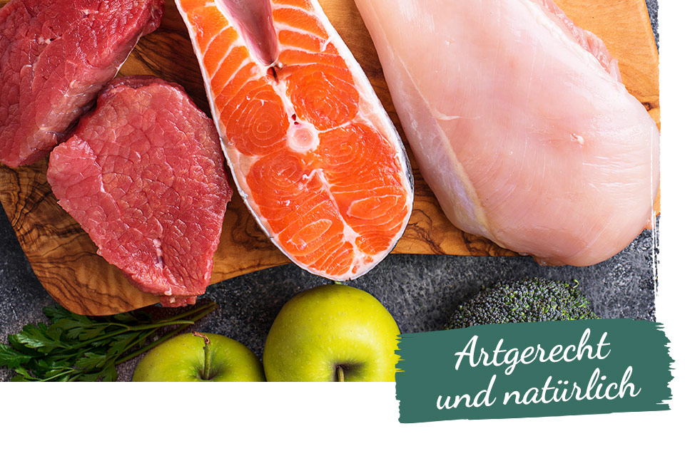 Frisches Fleisch und Fisch liegt auf einem Holzbrett