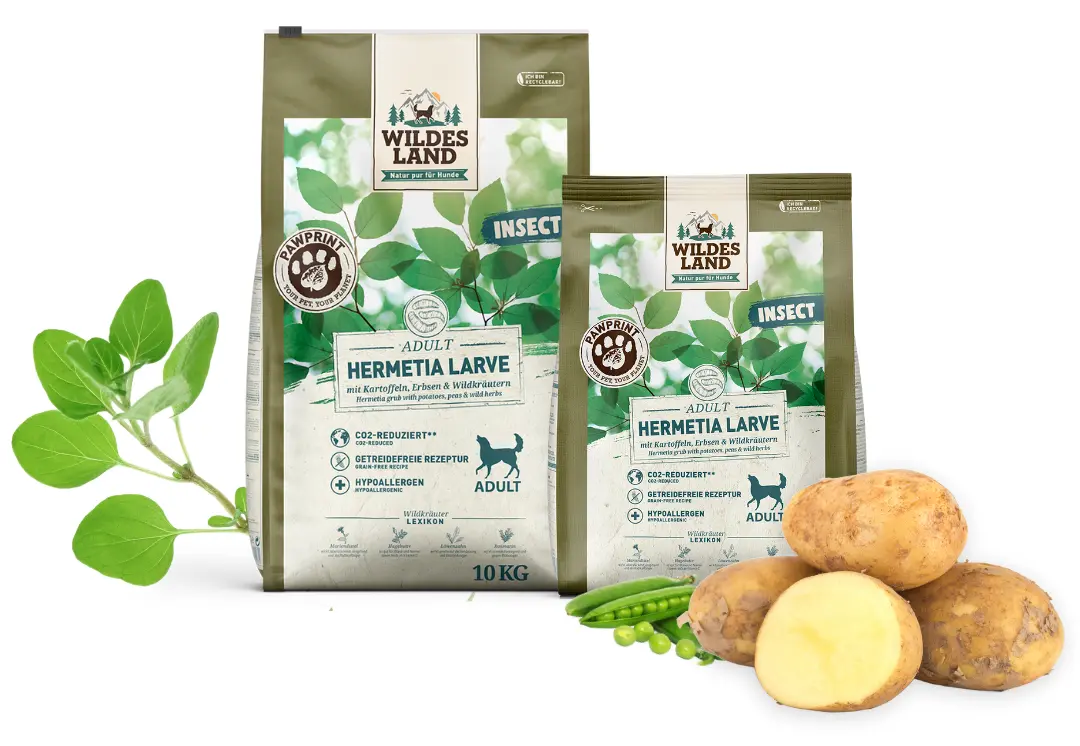 Wildes Land Trockenfutter PawPrint INSECT „Hermetia Larve“ mit Insektenprotein, Kartoffeln, Erbsen und Wildkräutern, dargestellt mit zwei Futtersäcken und natürlichen Zutaten.