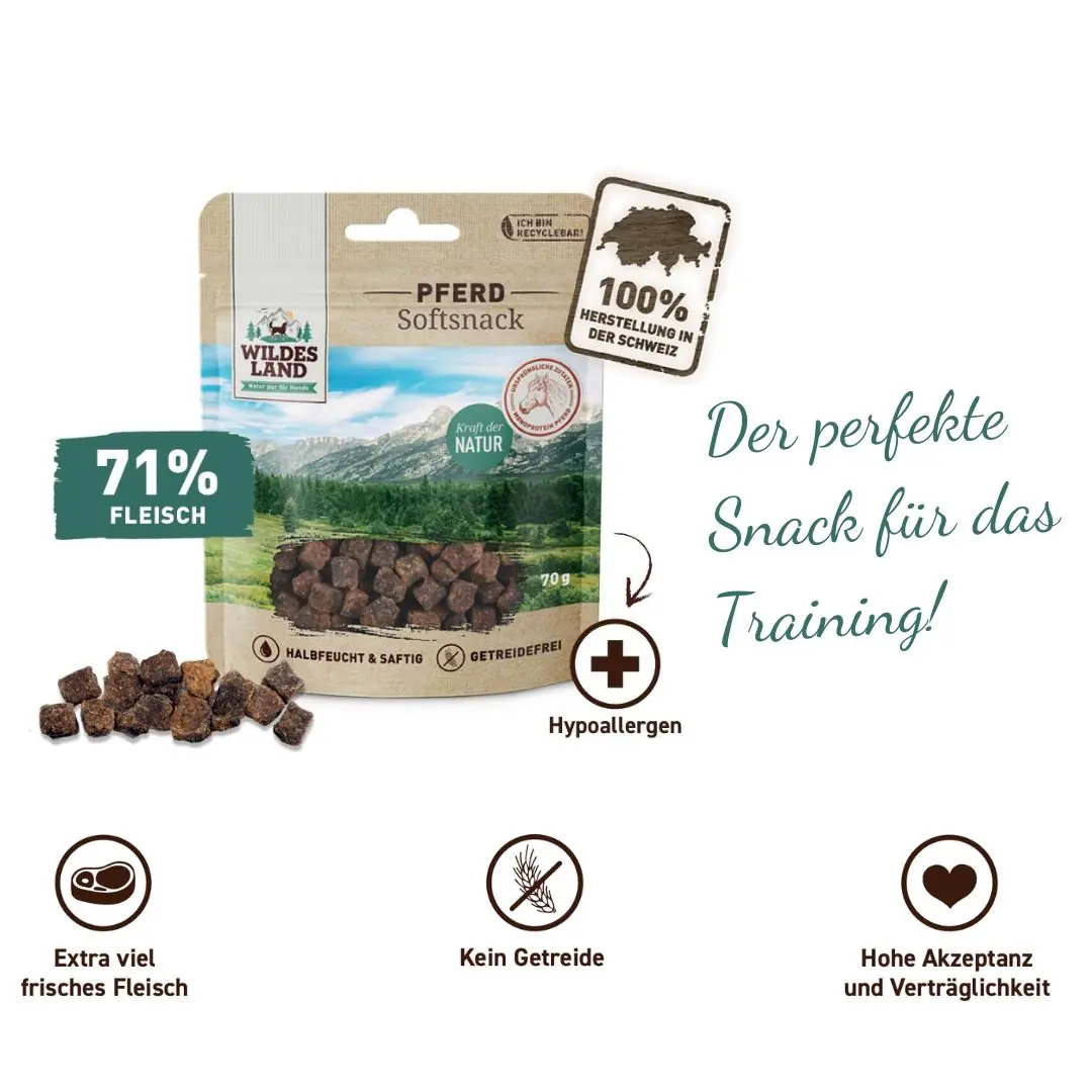 Eine Tüte Softsnacks Pferd von Wildes Land: Der perfekte Snack für das Training! 71% Fleisch!