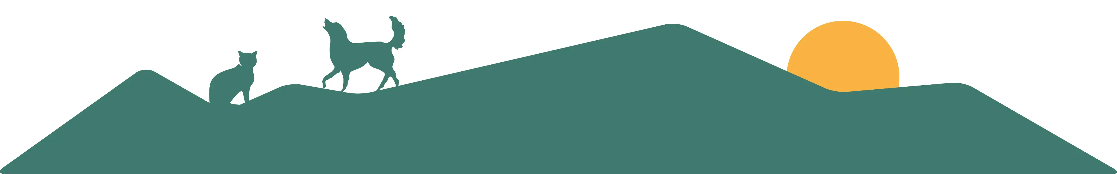 Abbinder Wildes Land: Illustration einer Landschaft mit grünen Hügeln, einer Silhouette einer Katze und eines Hundes, sowie einer gelben Sonne im Hintergrund.