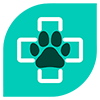 A turquoise square icon featuring a white medical cross in the background with a dark green paw print in the centre, symbolising veterinary care or pet health.