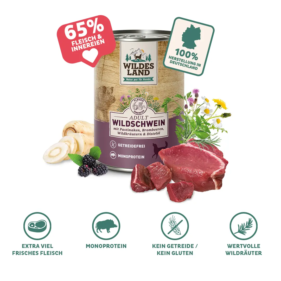 Eine Dose Hundefutter nass Classic Wildschwein: Extra viel Fleisch & Innerein, Monoprotein, Kein Getreide, Wertvolle Wildkräuter, 65% Flesich & Innerein, 100% Herstellung in Deutschland