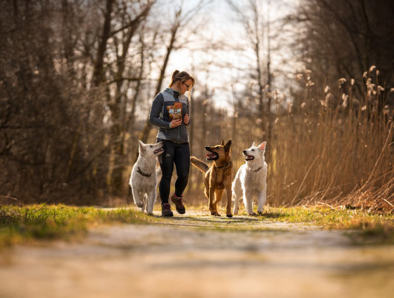Frau mit drei Hunden beim Spaziergang mit einer Tüte Hundesnacks von Wolfsblut