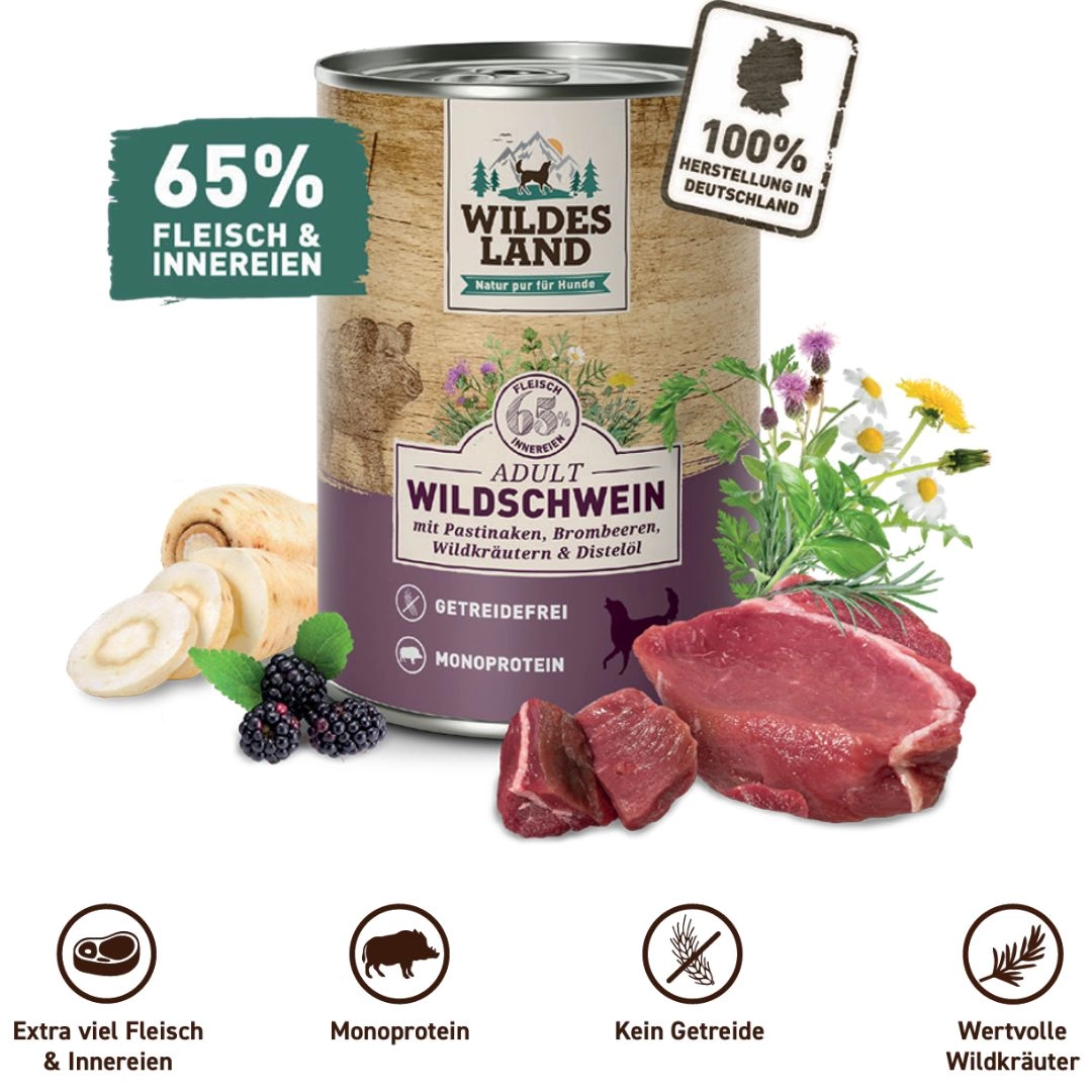 Eine Dose Hundefutter nass Classic Wildschwein: Extra viel Fleisch & Innerein, Monoprotein, Kein Getreide, Wertvolle Wildkräuter, 65% Flesich & Innerein, 100% Herstellung in Deutschland