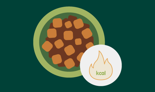 Illustration of a green bowl filled with brown and orange chunks of pet food. A white circular icon with a flame symbol and the text "kcal" is placed in the lower right corner, indicating calorie content. The background is dark green.