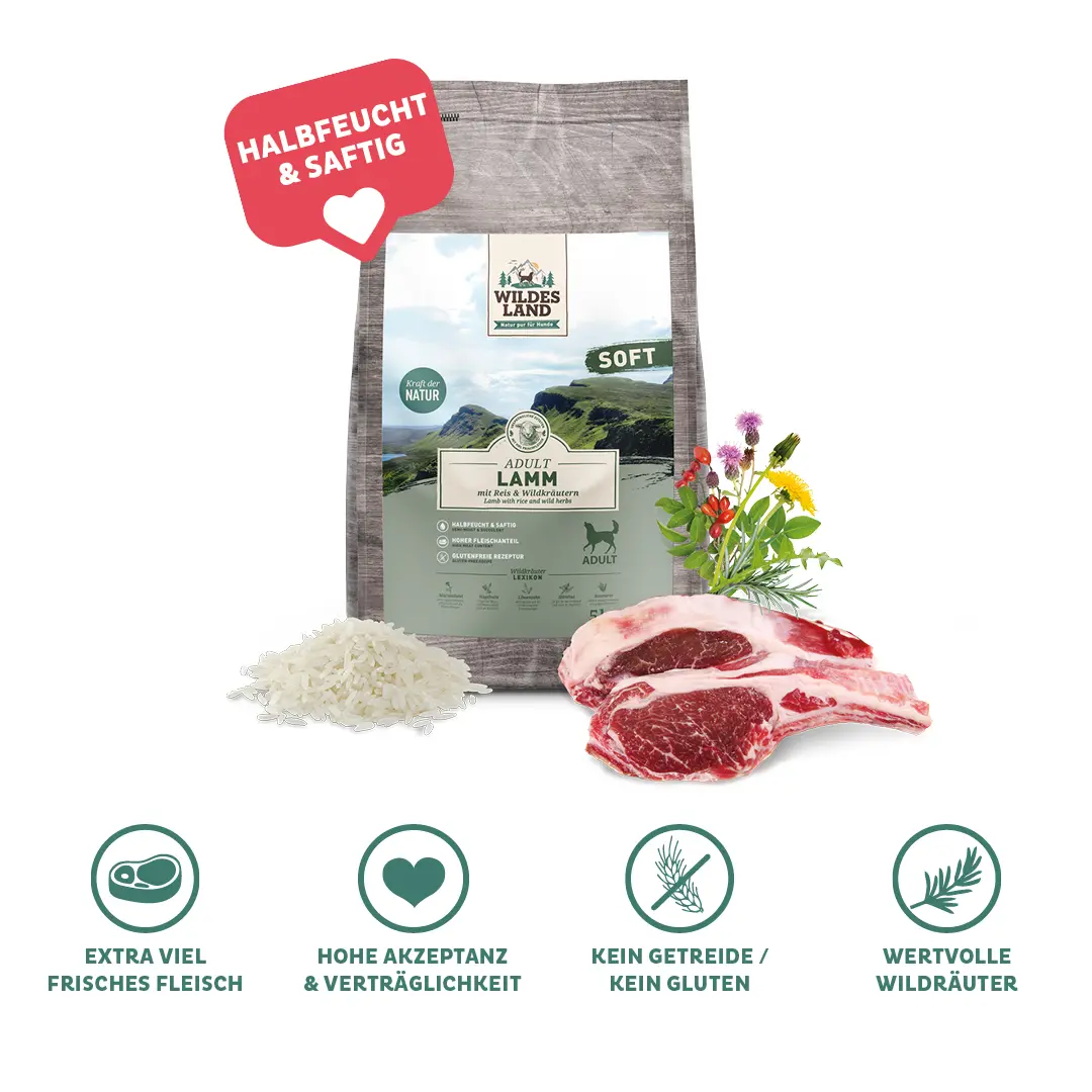 Ein Sack Hunde Softfutter Lamm - Halbfeuchtes Hundefutter: Extra viel frisches Fleisch, kein Gluten, hohe Akzeptanz und Verträglichkeit, Wertvolle Wildkräuter, halbeucht und saftig.