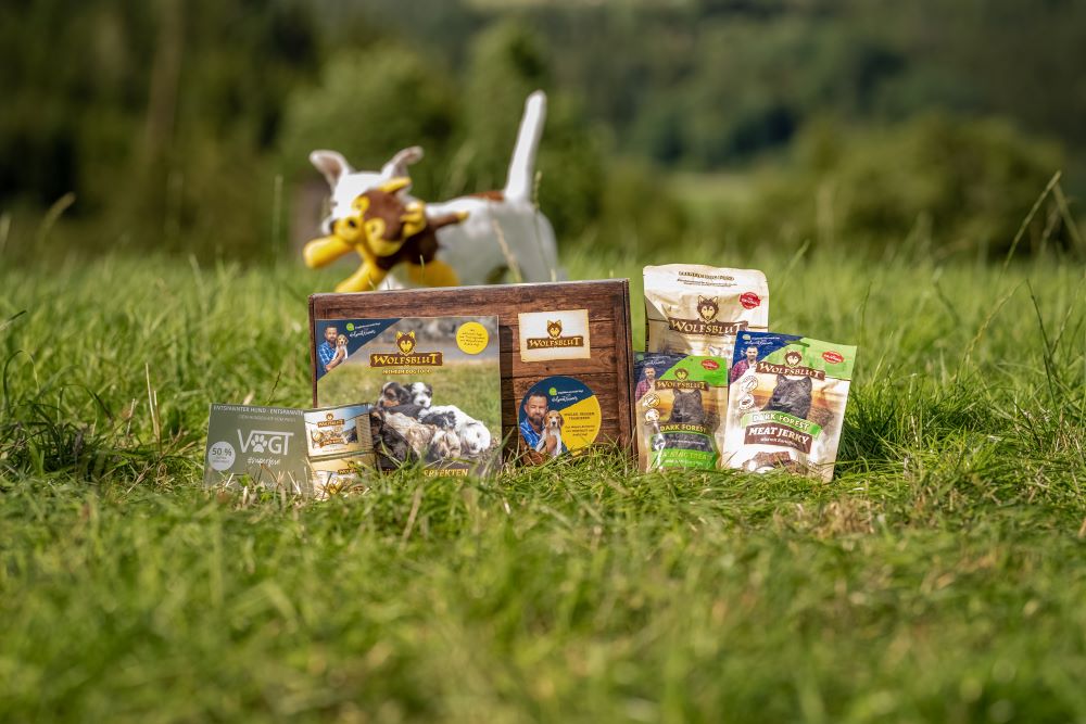 Hinter dem Welpen-Starterkit spielt der Welpe mit dem Kuschelspielzeug Wolfie