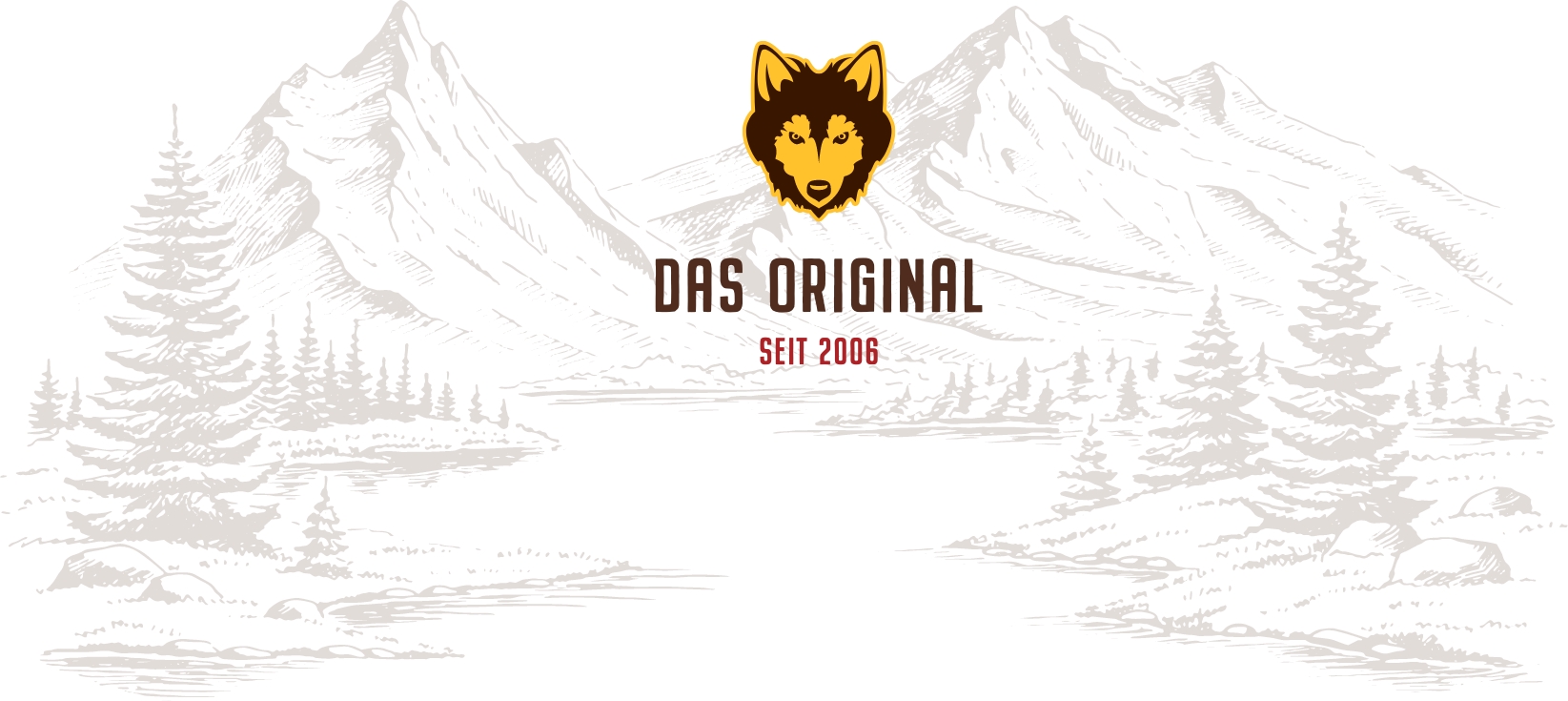 Gezeichente Landschaft mit Bergen auf dem das Wolfsblut Signe platziert ist und darunter das Origianl seit 2006 steht.