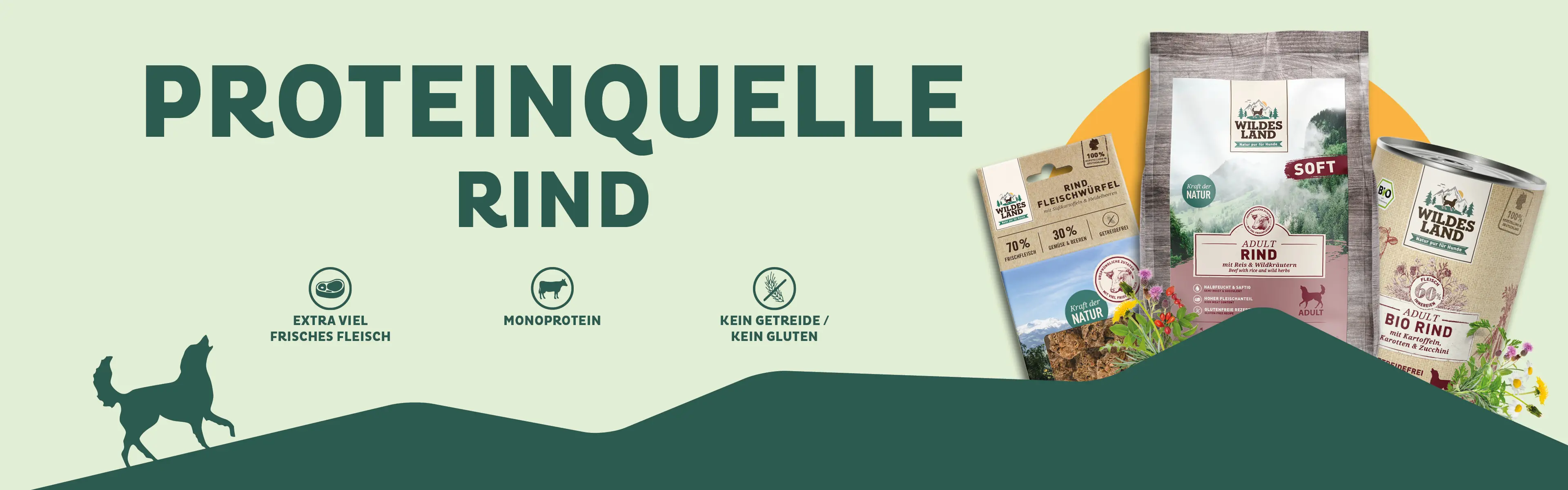 Eine Auswahl an „Wildes Land“-Produkten zeigt getreidefreies Hundefutter Rind, darunter Trockenfutter, Nassfutter und Snacks. Die Produkte sind Monoprotein, haben einen hohen Fleischanteil und sind ideal für empfindliche Hunde.