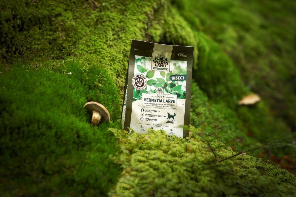 Eine 1kg Packung Insect PawPrint steht auf einem mossigen Waldbodem umgeben von zwei großen Pilzen.