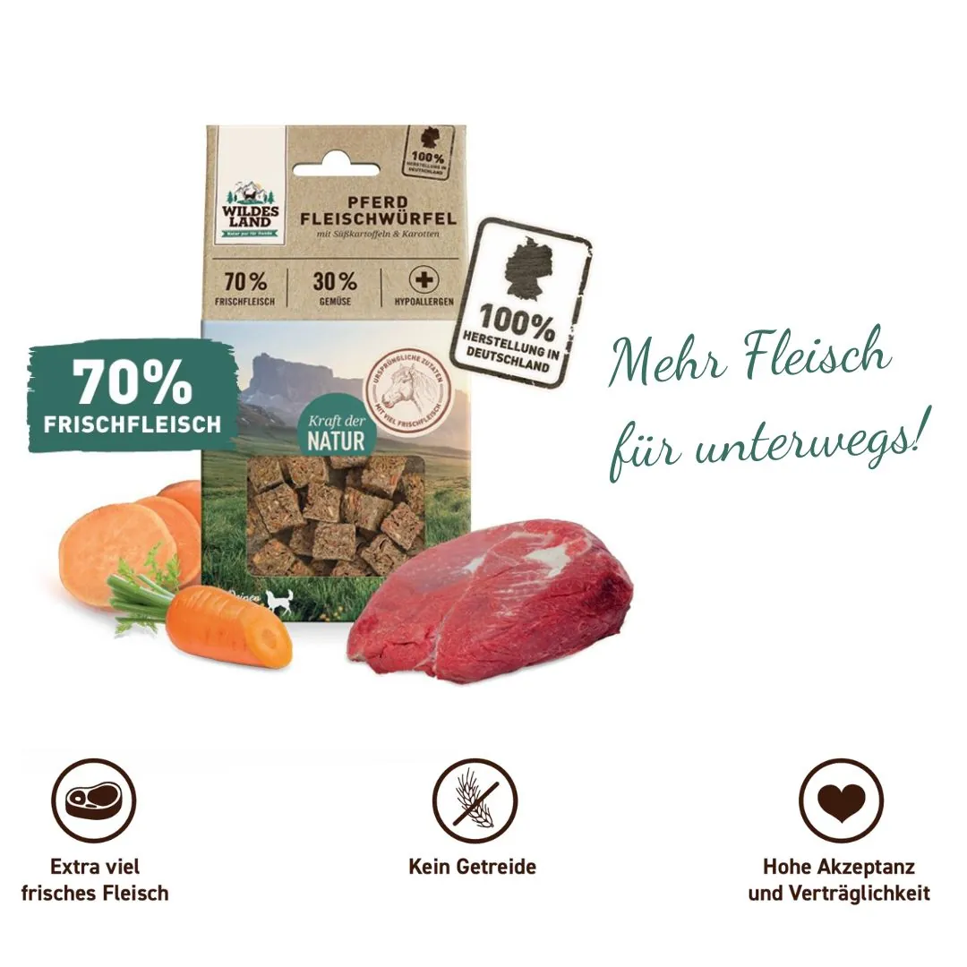 Eine Tüte Fleischwürfel Pferd von Wildes Land: Mehr Fleisch für unterwegs! 70% Fleisch und 100% hergestellt in Deutschland!