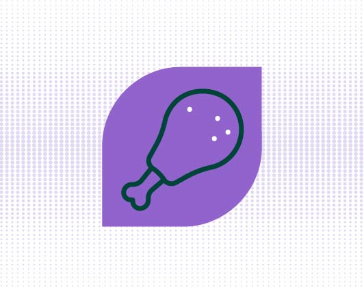 A simple line drawing of a chicken drumstick in dark green on a purple leaf-shaped background, symbolizing meat or poultry ingredients.