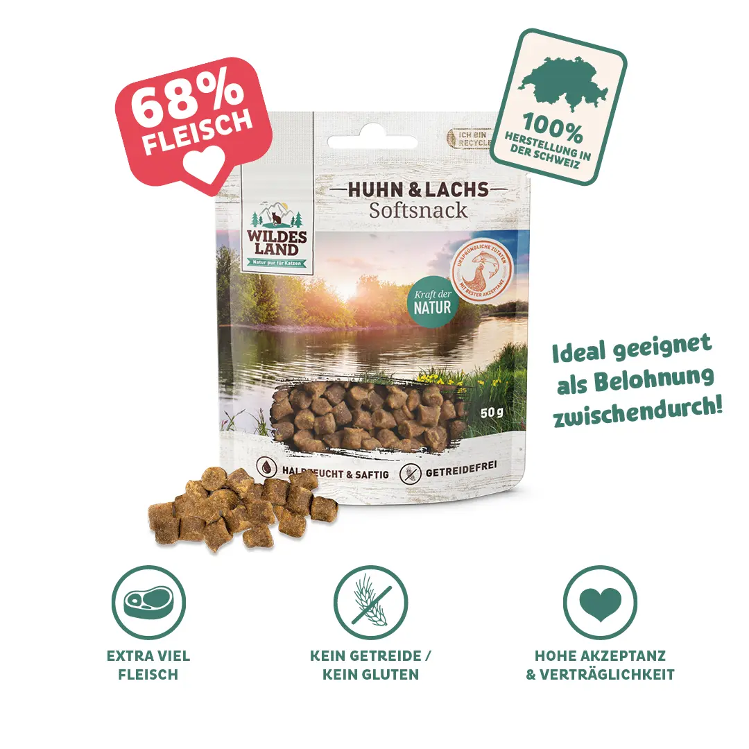 Eine Tüte Fleischsnacks Huhn & Lachs von Wildes Land für Katzen: Ideal geeignet als Belohnung zwischendurch, 68% Fleisch, 100% Herstellung in der Schweiz