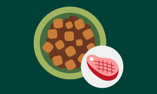 A bowl filled with brown and orange chunks of pet food, with a small icon of a red steak in the corner, indicating a raw meat-based meal.