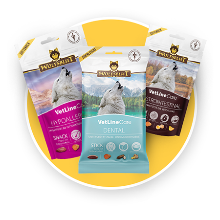 Drei Sorten der Wolfsblut VetLine Care Linie: Funktionale Leckerbissen für u.a. Gelenke, Verdauung oder Zahn- und Mundhygiene.
