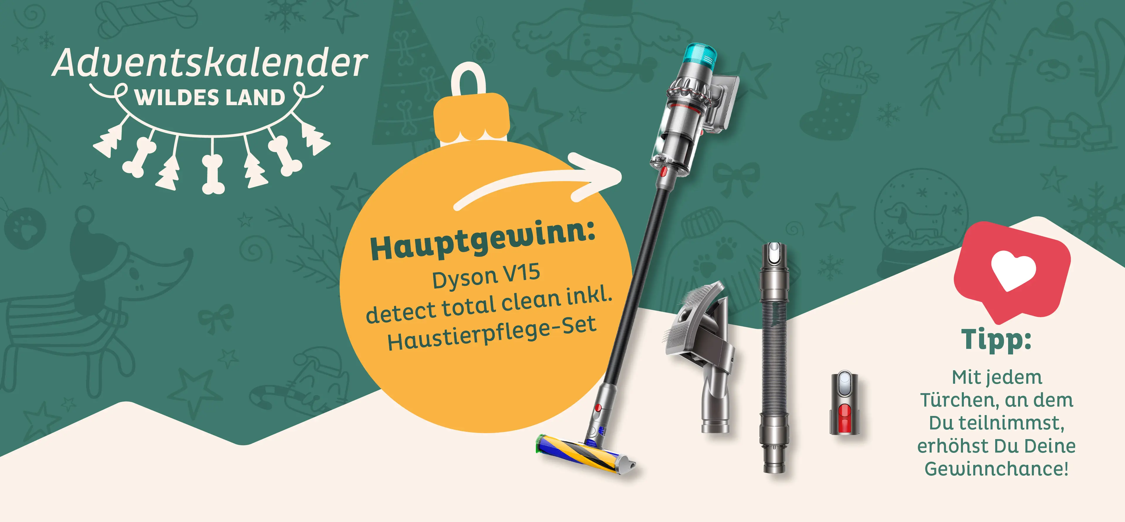 Hauptgewinn Wildes Land Adventskalender: Dyson Staubsauger mit Tierpflegeaufsatz