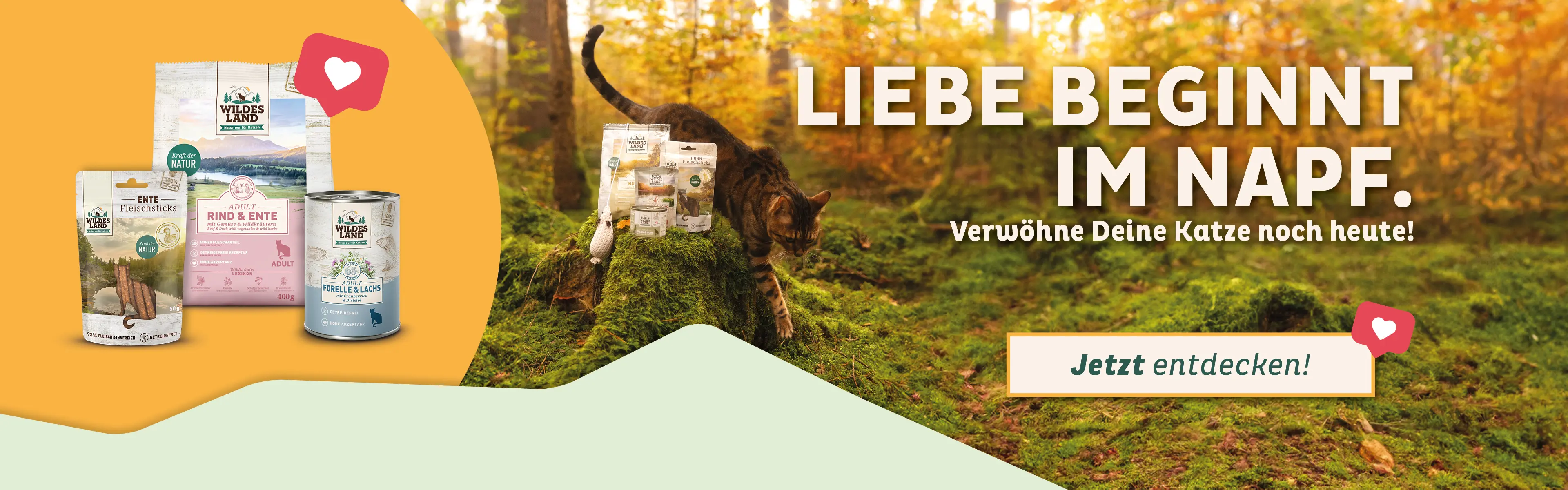 Wildes Land: Liebe beginnt im Napf! Verwöhne deine Katze mit Trocken-, Nassfutter und Snacks wie Rind & Ente, jetzt entdecken